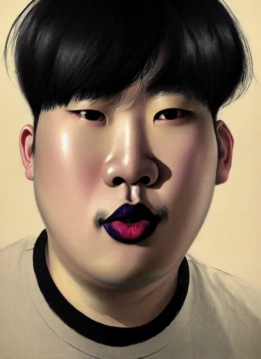 Prompt: portrait of a plump korean man with a crooked nose and a confident expression, 1 9 6 0 s, black clothes, goth, punk, brightly coloured hair, funk, intricate, elegant, highly detailed, digital painting, artstation, concept art, smooth, sharp focus, illustration, art by wlop, mars ravelo and greg rutkowski