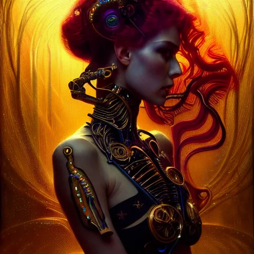 Image similar to extremely psychedelic beautiful cyborg queen of lsd infected by night. intricate, elegant, highly detailed, extremely lifelike photorealistic digital painting, artstation. steichen, gaston bussiere, tom bagshaw, cyberpunk alphonse mucha. elegant minimalism. anatomically correct. sultry. sharp focus. gold. surreal lush hallucination