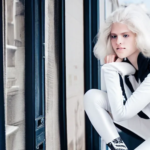 Prompt: 19-year-old Aristocratic platinum-blonde-haired hime-cut blue-eyed French empress wearing white leggings and black jacket, looking out open window, sitting in French apartment, communist city, futuristic city, cyberpunk city, HD photograph