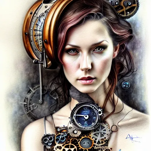 Image similar to hyper realistic full figure pencil drawing of a woman steampunk, water color, detailed, rim light, diffused, intricate, by anna dittmann,