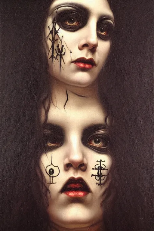 Image similar to hyper realistic painting portrait of the black metal queen, occult diagram, elaborate details, detailed face, intrincate ornaments, gold decoration, occult art, oil painting, art noveau, in the style of roberto ferri, gustav moreau, jean delville, bussiere, andrew gonzalez