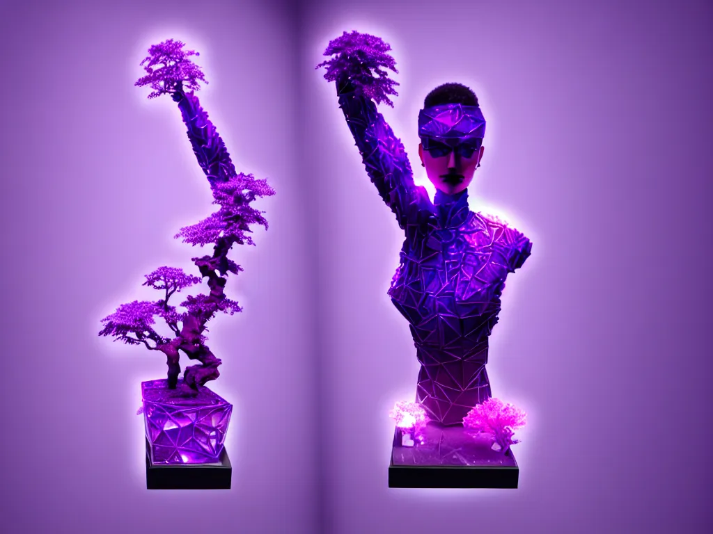 Prompt: beautiful mannequin sculpted out of amethyst by billelis + lit with purple 3 d geometric neon + chrome geometric cubed bonsai plants!!!!, doorway opening with neon pink geometric light, clean linework, dramatic, finely detailed, rule of thirds, moody, confident, award winning, 4 k, trending on artstation, photorealistic, volumetric lighting, octane render