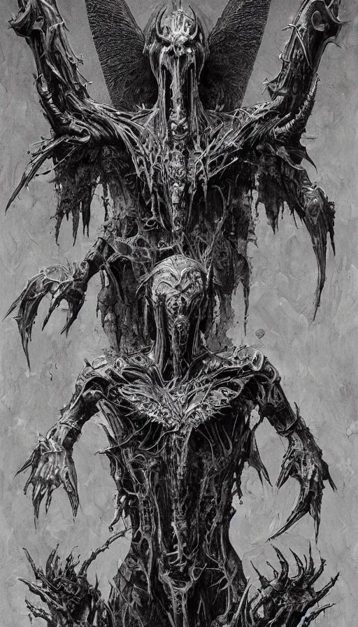 Image similar to Morningstar themed painting of symmetrical torso Satan's infernal armor anatomy with batlike wings and extended evil hands concept, intricate artwork by H.R. Giger, Johnatan Wayshak, Zdizslaw Beksinski, Ayami Kojima, Amano, Karol Bak, Moebius, and Mark Brooks, Neo-Gothic, gothic, rich deep colors, art by Takato Yamamoto, masterpiece, face by Artgerm, very coherent artwork, cinematic, hyper realism, high detail, octane render, unreal engine, 8k, High contrast, golden ratio, trending on cgsociety