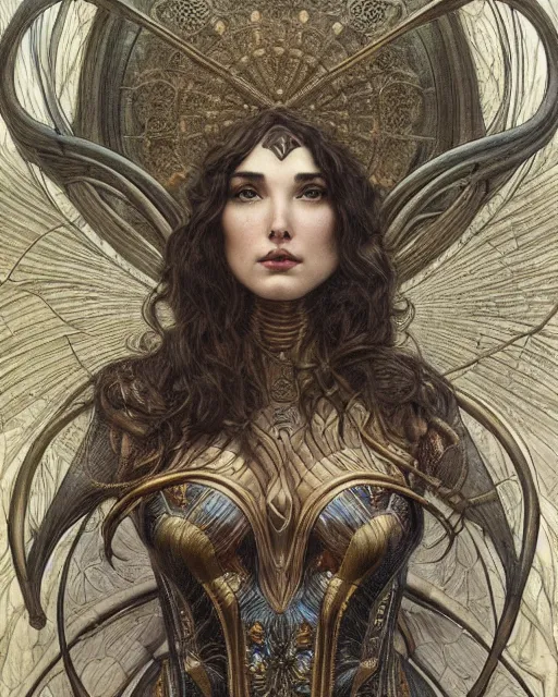 Image similar to in the style of beautiful gal gadot, steampunk, detailed and intricate by jean delville, gustave dore and marco mazzoni, art nouveau, symbolist, visionary, gothic, pre - raphaelite