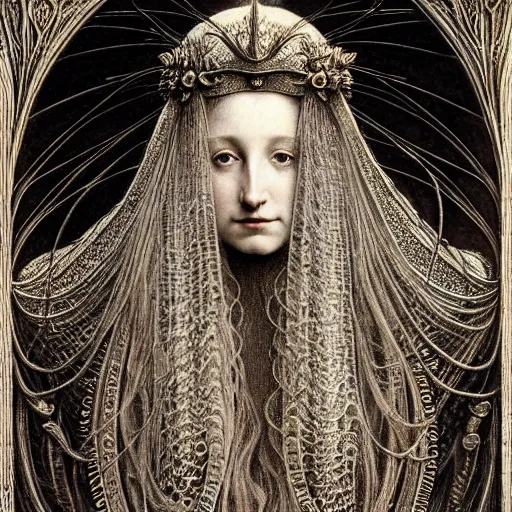 Image similar to detailed realistic beautiful young medieval queen face portrait by jean delville, gustave dore and iris van herpen, art forms of nature by ernst haeckel, art nouveau, symbolist, visionary, gothic, pre - raphaelite, fractal lace, surreality, horizontal symmetry, intricate details