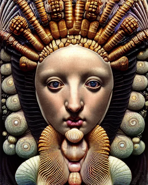 Image similar to hyperrealistic detailed face portrait of the beautiful goddess of the giant isopods with an intricate golden ornamental geometrical giant isopod headdress, art by ernst haeckel, john william godward, android jones, h. r. giger, gothic - cyberpunk, ornamental, dimmed pastel colours,