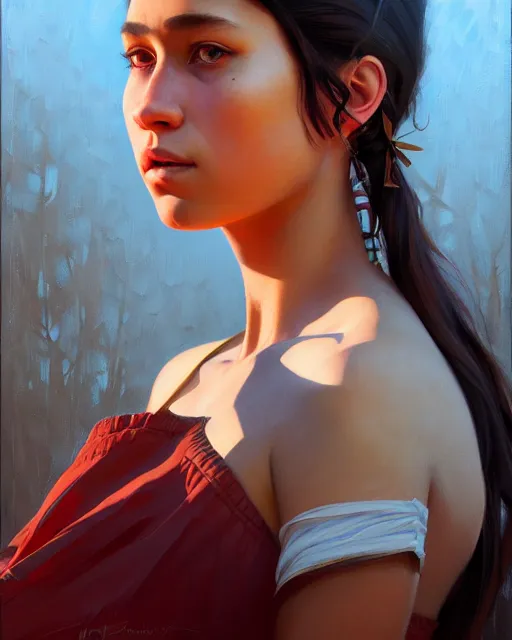 Image similar to stylized portrait of an artistic pose, composition, young indigenous girl, realistic shaded, fine details, realistic shaded lighting poster by ilya kuvshinov, magali villeneuve, artgerm, jeremy lipkin and michael garmash and rob rey