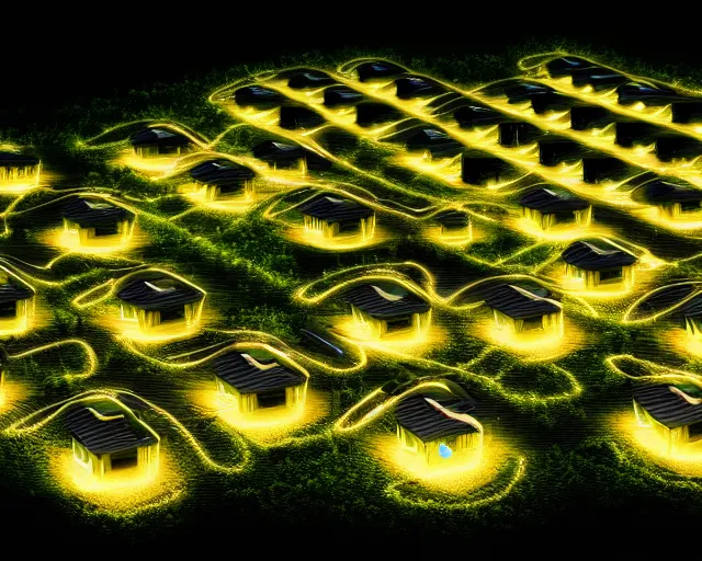 Prompt: connected ecovillage houses with solrarrofs - plant goddess high quality photo, microchip, artificial intelligence, bio - mechanical bio - luminescence, black wired cables, neurons, nerve cells, cinematic, rim light, photo - realistic, elegant, high detail, 8 k, masterpiece, high fashion, in the style of man ray