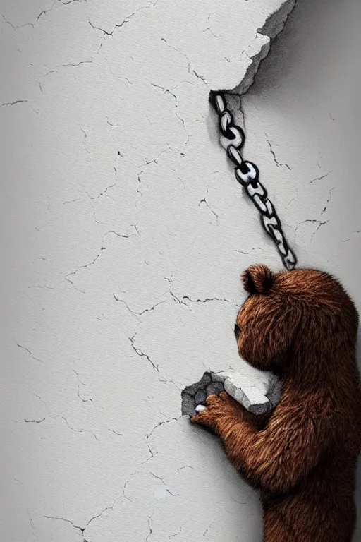 Image similar to giant crack hole on the white concrete wall, handcoming from inside the crack reaching towards camera. hand is holding a teddybear gloomy, intricate, elegant, highly detailed, digital painting, artstation, concept art, addiction, chains, smooth, sharp focus, illustration, art by ilja repin