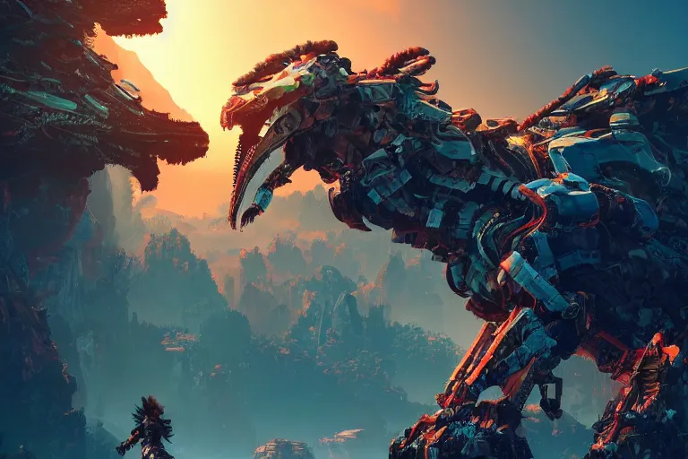 Image similar to ravager machine mecanical creature robot of horizon forbidden west horizon zero dawn radiating a glowing aura global illumination ray tracing hdr fanart arstation by ian pesty and alena aenami artworks in 4 k