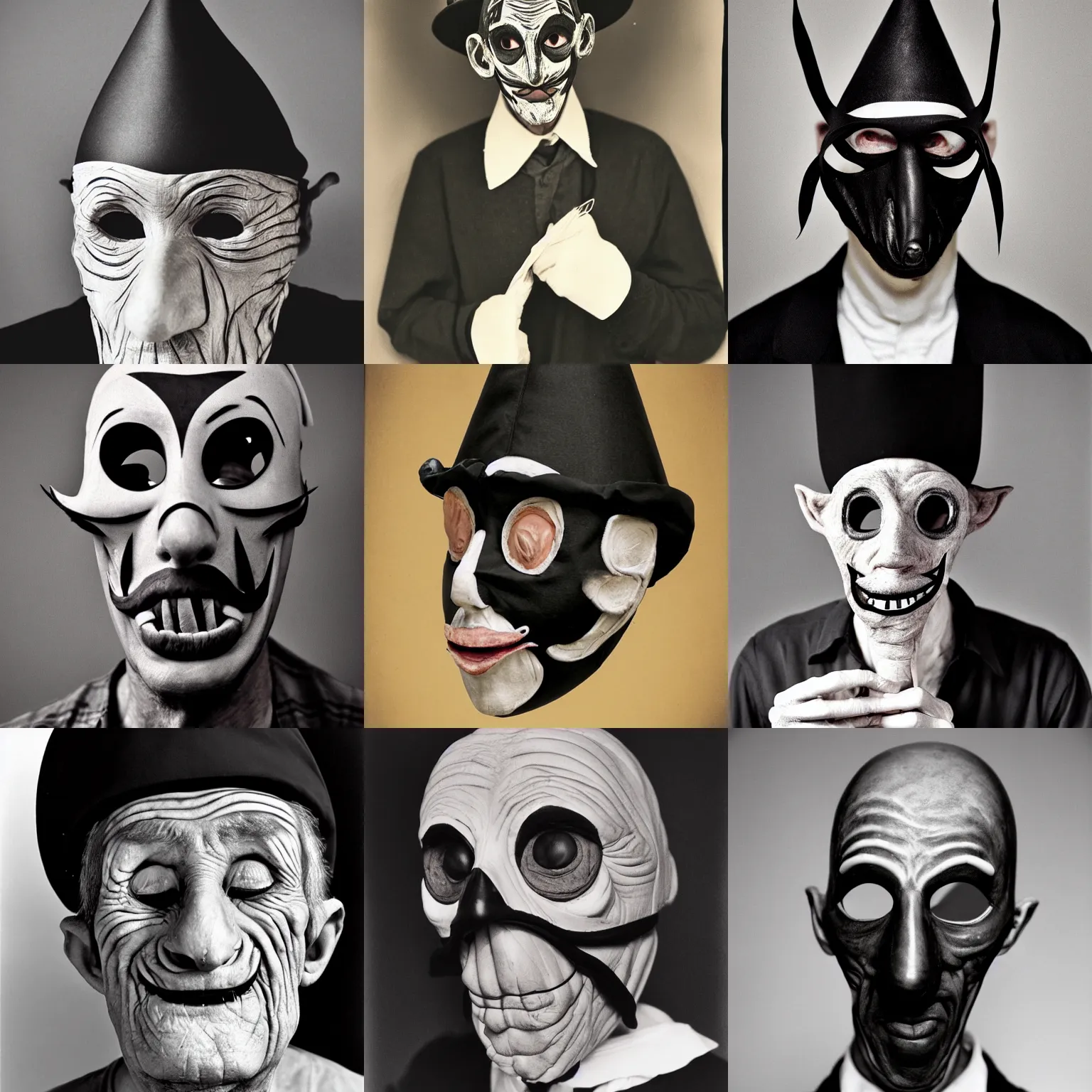 Prompt: portrait photo of an old wrinkled man, skinny face, bony face, long nose, crooked nose, large full mouth, black pulcinella mask, masquerade mask, pointy conical hat, white wrinkled shirt, eats pizza, presents pizza, black background, close - up, skin blemishes, menacing, intimidating, masterpiece by george hurrell