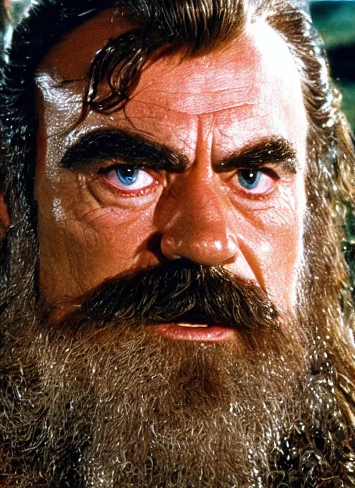 Prompt: film still of tom selleck as gimli in lord of the rings, 4 k