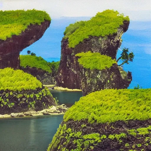 Prompt: contemporary art of a lush natural scene on an alien planet. beautiful landscape. weird vegetation. cliffs and water.