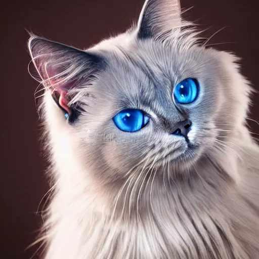 Image similar to full-body studio photograph of a birman cat, clear ice-blue eyes, warm brown colorpoints, hd, studio lighting, stock photo, longhaired, anatomically accurate