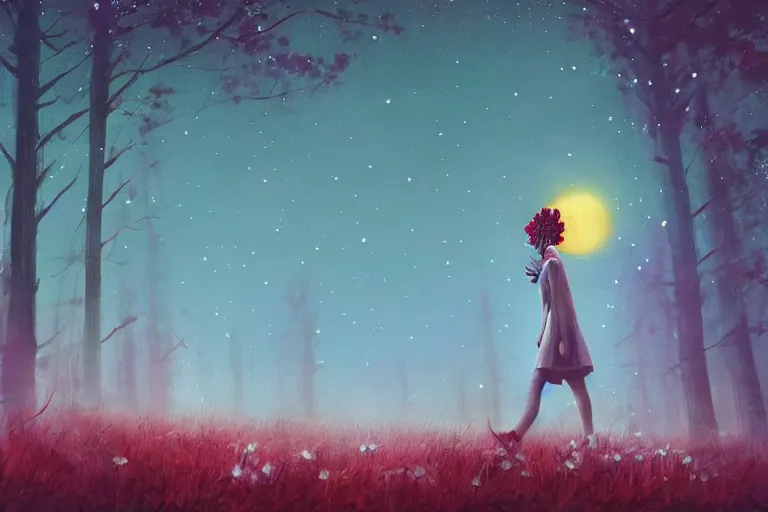 Image similar to giant daisy flower above head, girl walking in forest, surreal photography, dark night, stars, moon light, impressionist painting, clouds, digital painting, artstation, simon stalenhag