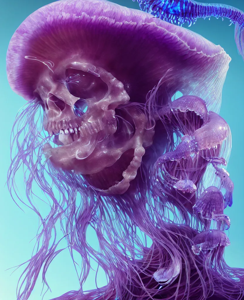 Image similar to goddess close - up portrait human skeleton, ram skull, jellyfish, orchid, betta fish, bioluminiscent, intricate artwork by tooth wu and wlop and beeple. octane render, trending on artstation, greg rutkowski very coherent symmetrical artwork. cinematic, hyper realism, high detail, octane render, 8 k