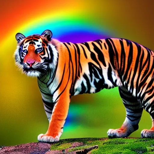 Prompt: 8k photography from a rainbow tiger