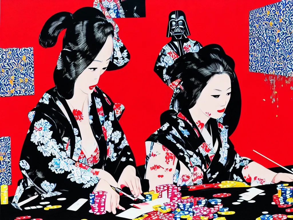 Image similar to hyperrealism composition of the detailed woman in a japanese kimono sitting at an extremely detailed poker table with darth vader, fireworks on the background, pop - art style, jacky tsai style, andy warhol style, acrylic on canvas