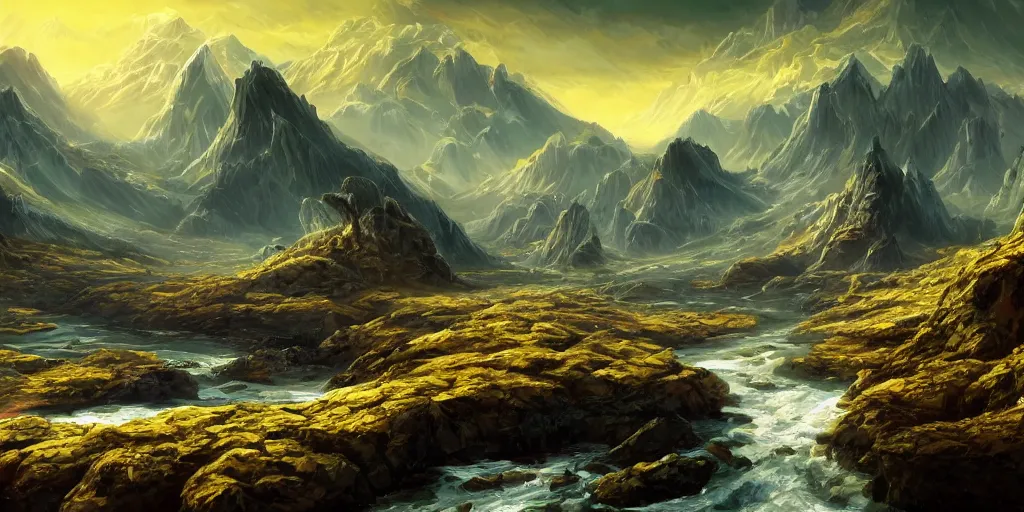 Prompt: The eldritch landscape with mountains in the background and great river down the middle, Sci-Fi fantasy desktop wallpaper, painted, 4k, high detail, sharp focus