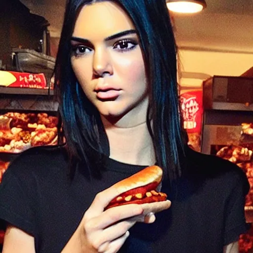 Prompt: “Kendall Jenner eating a humongous hotdog, inserting it into her mouth and staring intently at the camera”