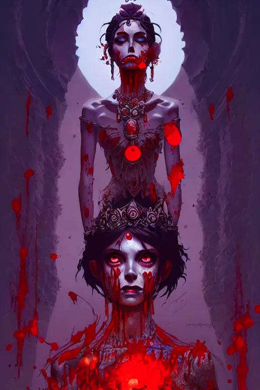 Image similar to extremely beautiful panting of goddess of the realm of the dead, covered with blood, surrounded by skeletons, extremely high detailed face, artstation, by ilya kuvshinov, greg rutkowski and makoto shinkai, trending on artstation