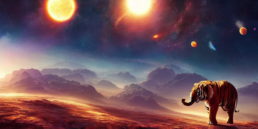 Image similar to planet - sized tiger elephant in space, next to the sun and stars, very wide shot, epic composition, hyper detailed, digital art, trending in artstation, cinematic lighting, studio quality, unreal engine 5 rendered, art style by klimt and nixeu and ian sprigger and wlop and krenz cushart