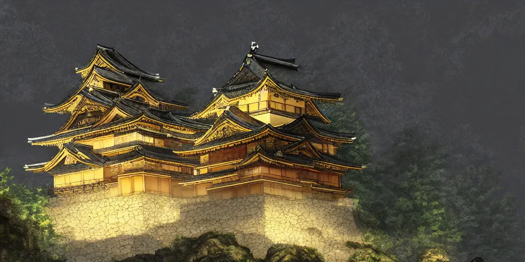 Image similar to a beautiful japanese castle on a mountain in a dark forest, highly detailed, volumetric lighting, digital painting