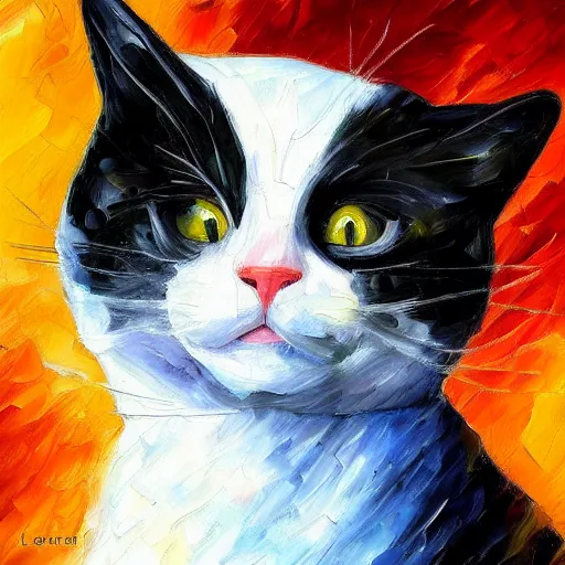 Image similar to painting of a black and white cat wearing a lab coat by Leonid Afremov