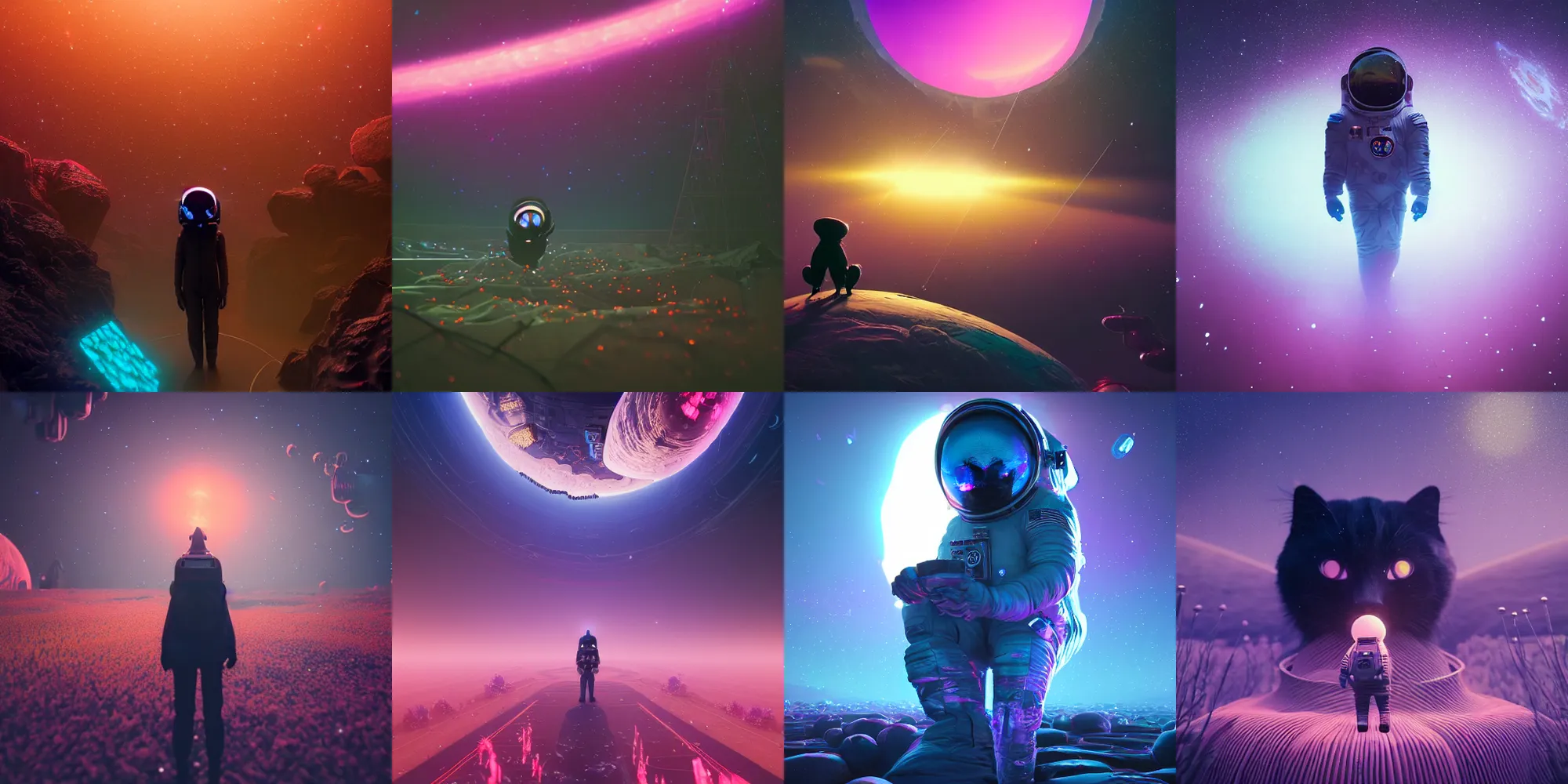 Prompt: beautiful dark landscape, black cat astronaut, beautiful flowers and crystals, in the style of beeple and mike winkelmann, intricate, epic lighting, cinematic composition, hyper realistic, 8 k resolution, unreal engine 5, raytracing, ultraviolet colors,