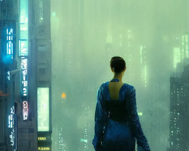 Image similar to 2 0 1 8 blade runner movie still girl look at the cityscape from roof perfect face fine realistic face pretty face reflective polymer suit tight neon puffy jacket blue futuristic sci - fi elegant by denis villeneuve tom anders zorn hans dragan bibin thoma greg rutkowski ismail inceoglu illustrated sand storm alphonse mucha