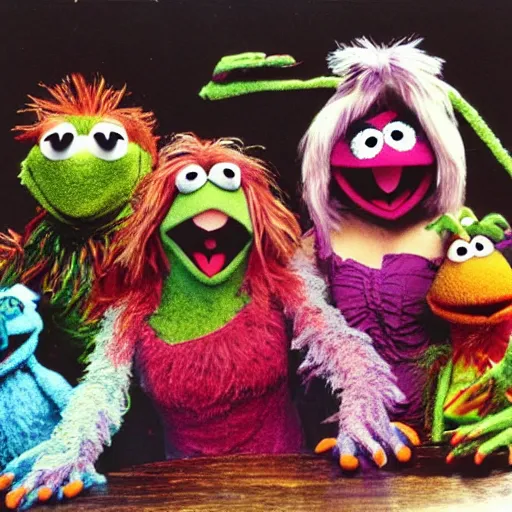 Prompt: zombie fraggle rock muppets, family photo of muppets, photo from the 7 0 s