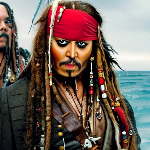 Prompt: donald trump acting next to jack sparrow in the pirates of the caribbean movie