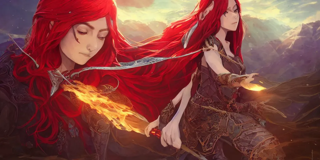 Image similar to an elven sorceress with red long hair in a very good beautiful heavy scale armor, wearing a cape, casting a fire spell, dungeon background, magical, bright, colorful, fantastic lighting, amazing details, 4 k uhd, illustration by hayao miyazaki and makoto shinkai and ilya kuvshinov, artstation, pixiv,