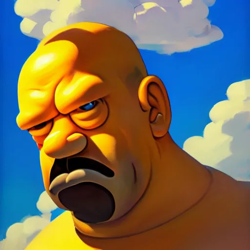 Prompt: Greg Manchess portrait painting of Homer Simpson as Overwatch character, medium shot, asymmetrical, profile picture, Organic Painting, sunny day, Matte Painting, bold shapes, hard edges, street art, trending on artstation, by Huang Guangjian and Gil Elvgren and Sachin Teng