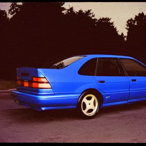 Image similar to retro 90s 97’ film photo harsh flash. Night time dark dimly lit parking lot. 1996 blue WRX front side view. ((Polaroid)) harshflash