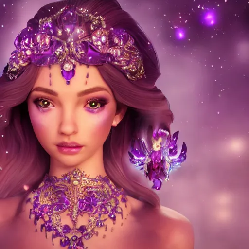 Image similar to portrait princess of amethyst, glowing, ornate and intricate purple jewelry, jaw dropping beauty, glowing background lighting, purple accent lighting, hyper detailed, fairy tale, 4 k octane render