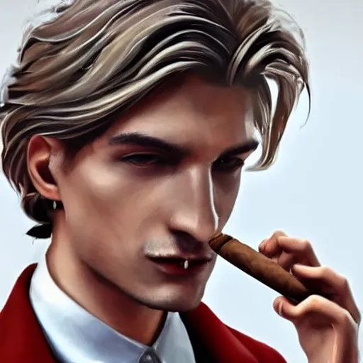 Image similar to a closeup photo of handsome gigachad xqc smoking a cigar, 8k photorealism, extremly detailed, trending on artstation