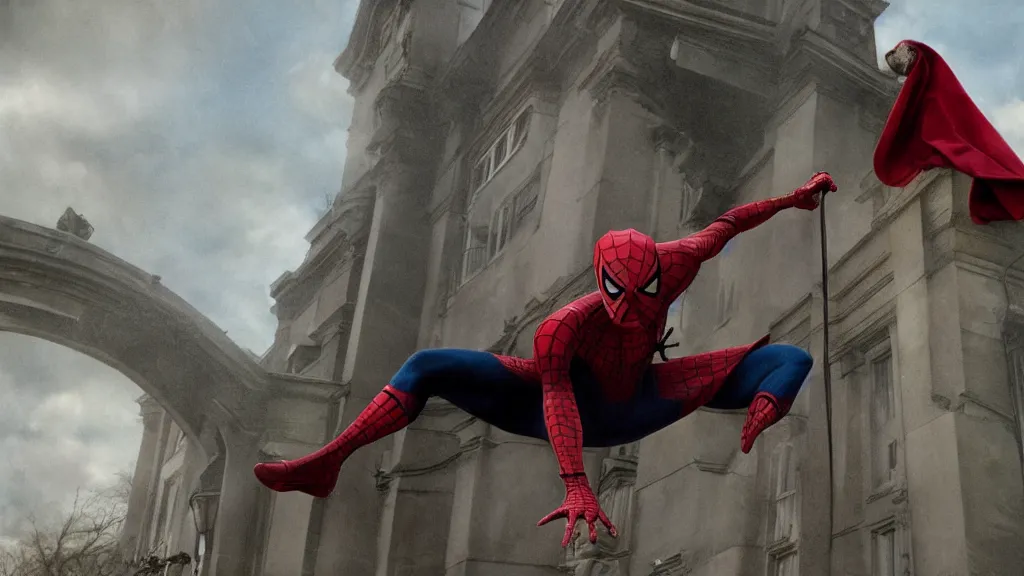 Image similar to victorian era spiderman wearing a cape in the new pride & prejudice movie, movie still realistic, 8 k