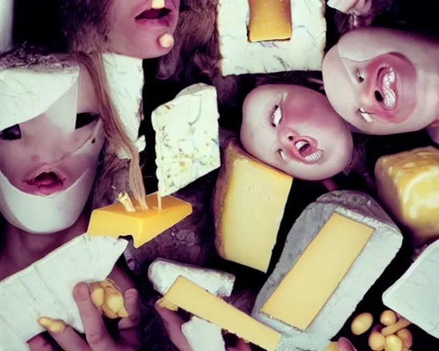 Image similar to incredible strange absurd closeup artwork of androids tasting cheese, finding it very weird but yet oddly tasteful at the same time, weird tasting ritual of cheese products in the style of tim walker fashion photography, also containing some soft cheese