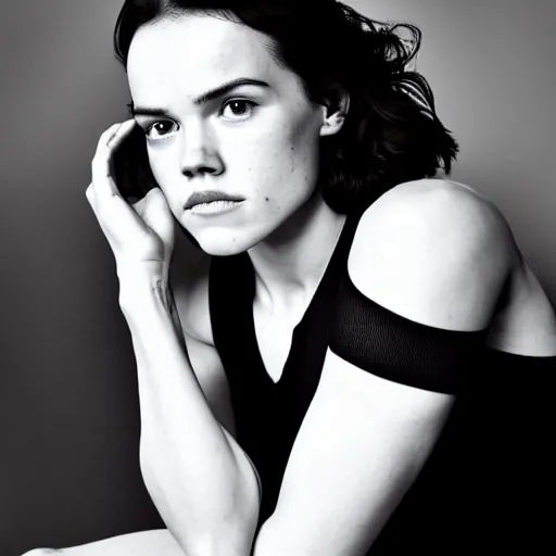 Prompt: black and white tattoo of daisy ridley