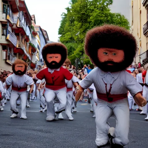 Image similar to the running of the giant screaming bob ross dolls in pamplona spain