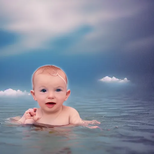 Image similar to a beautify baby swimming in a lake between the clouds, 4 k