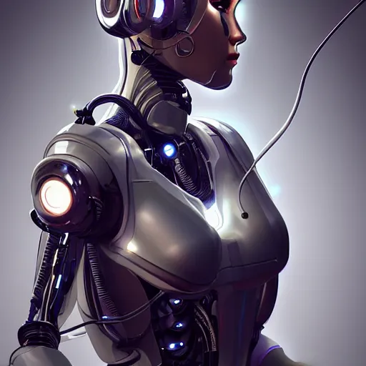 Prompt: a beautiful woman wearing robot suit with wires and light, highly detailed, photorealistic, artstation, smooth