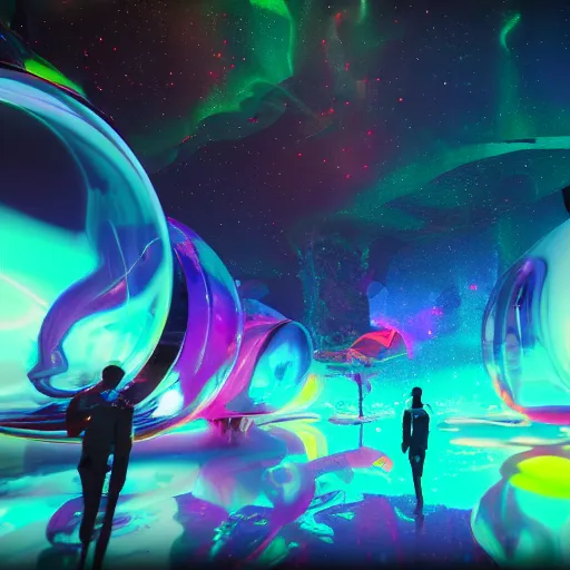 Image similar to psychedelic liquids space people, colorful, cinematic, by wlop, super detailed, unreal engine 5, octane render, vfx, houdini, 8 k, super realistic