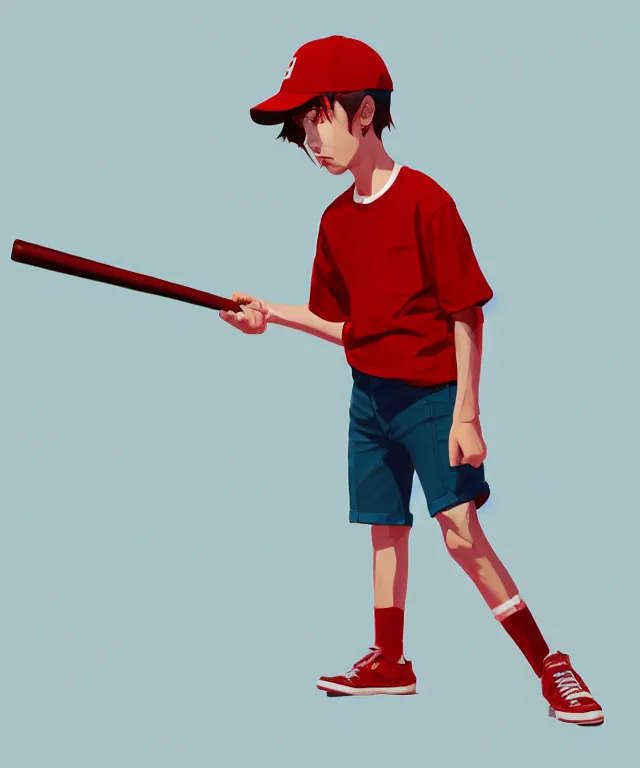 Image similar to a young boy wearing a horizontal striped shirt and a red baseball cap and jean shorts, holding a baseball bat, digital painting, artstation, concept art, sharp focus, octane render, illustration, art by tomer hanuka,