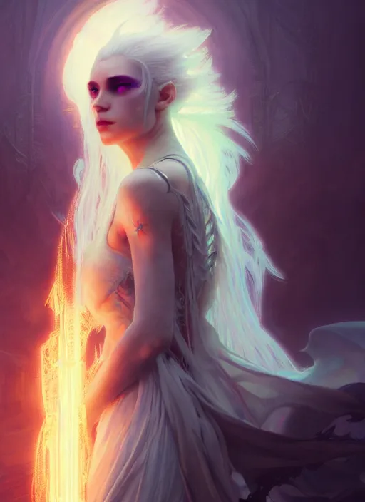 Prompt: a beautiful white haired pyromancer princess, intricate concept art, ethereal, ominous, mysterious, enchanted, magic, dramatic lighting, illuminated lines, outrun, vaporware, illuminated runes, cyberpunk darksynth, dark background, 8 k, by ruan jia and krenz cushart and alphonse mucha