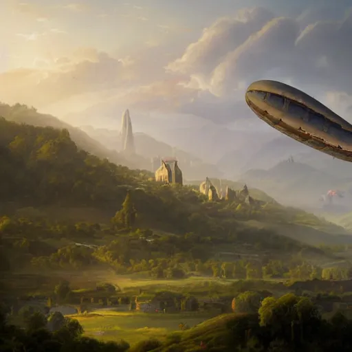 Prompt: Vast verdant valley surrounded by Transylvanian mountains, with a large zeppelin hovering in the foreground, and a ruined medieval castle on the hillside in the background. No villages. Late evening light in the summer, gloomy weather. Hyperrealistic, high quality, sharp, highly detailed, peter mohrbacher,.