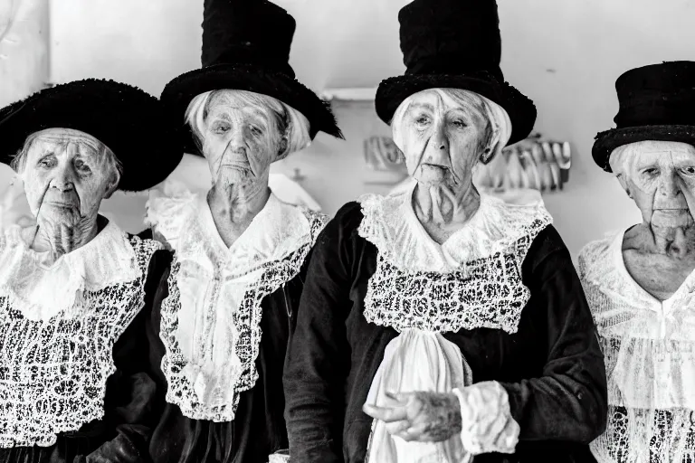 Prompt: close up of three old women from brittany with hats in white lace and black folk costumes in a kitchen. they look visibly angry