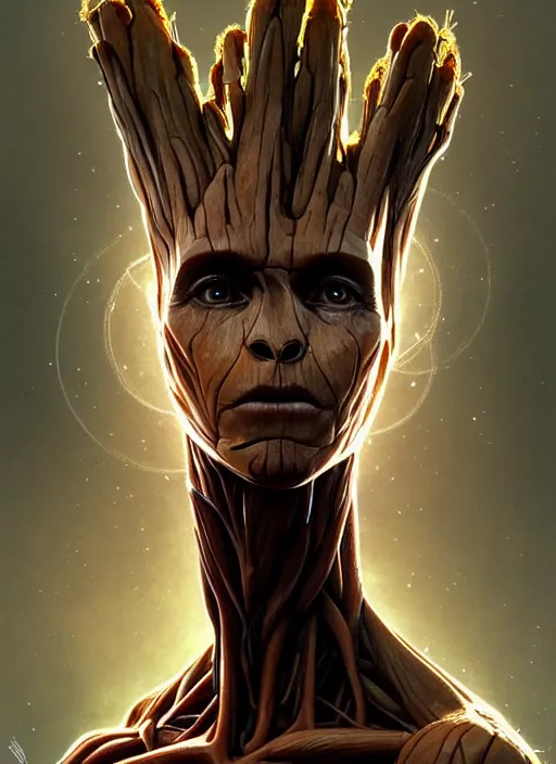 Image similar to symmetry!! portrait of groot, intricate, elegant, highly detailed, digital painting, artstation, concept art, smooth, sharp focus, illustration, art by artgerm and greg rutkowski and alphonse mucha