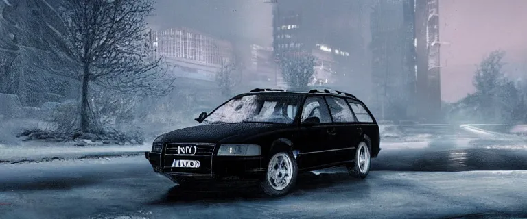 Image similar to Audi A4 B6 Avant (2002), a gritty neo-noir, dramatic lighting, cinematic, eerie person, death, homicide, homicide in the snow, viscera splattered, gunshots, establishing shot, extremely high detail, photorealistic, cinematic lighting, artstation, by simon stalenhag, Max Payne (PC) (2001) winter New York at night, In the style of Max Payne 1 graphic novel, flashing lights, Poets of the Fall - Late Goodbye